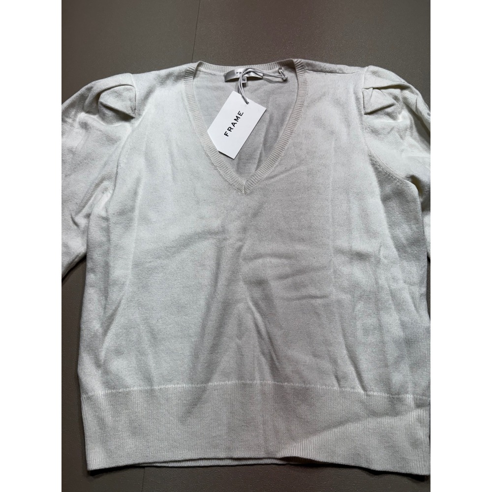 NWT FRAME Frankie Cream Wool Cashmere Blend Puff Sleeve V-Neck Sweater MSRP:$448 - Picture 2 of 11